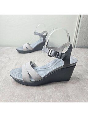 Crocs Ankle Strap Wedge Sandal 8 Gray Open Toe Strappy Retro Comfort Platform